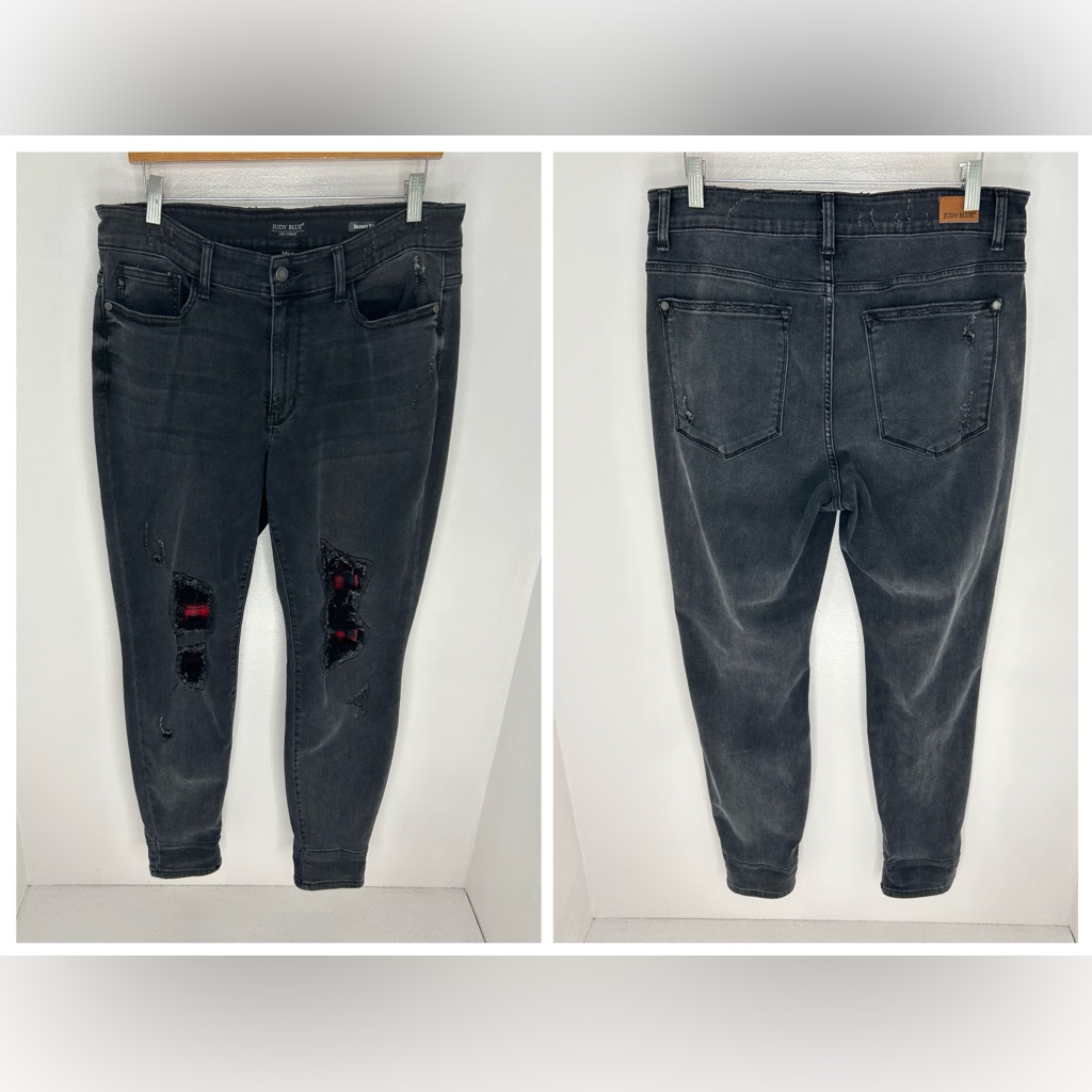 Judy Blue Skinny Fit Jeans Size 14w Black Red Flannel Patches Distressed Denim